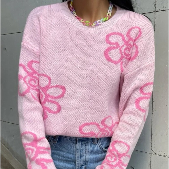 New Pink floral print sweater - Picture 1 of 6